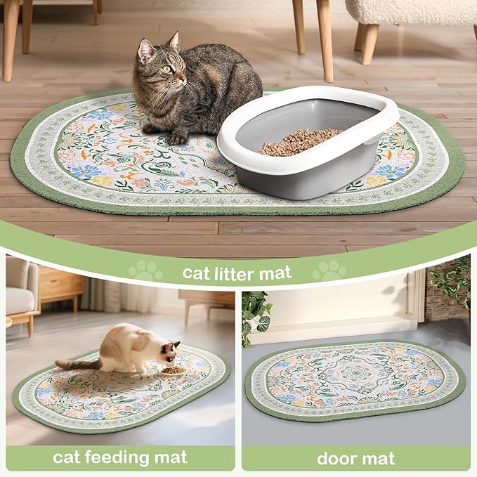 Bienbee Cat Litter Mat, 33" x 22" Large Size Litter Box Mat Rug with Non-Slip Bottom,Urine and Water Proof, Easy to Clean Cat Supplies Essentials for Indoor Kitty Kitten Floor,Bean-Green L