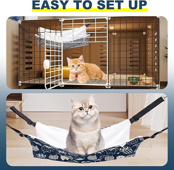 2 Pieces Cat Hammock for Cage Hanging Reversible, Soft Pet Cage Hammock with Adjustable Straps, Double Hammock Suitable for Cats, Puppy, Ferrets, and Small Animals (M, CAT) 