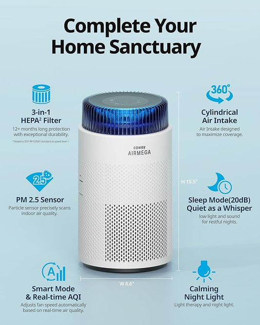 COWAY Air Purifiers for Home up to 810 ft², HEPA Filter and Carbon Filter for Smoke, Allergies, Pet Dander, Odor, AQI Monitor, Auto Mode, Timer, Filter Indicator, Night Light, 3yr Warranty, 100 White