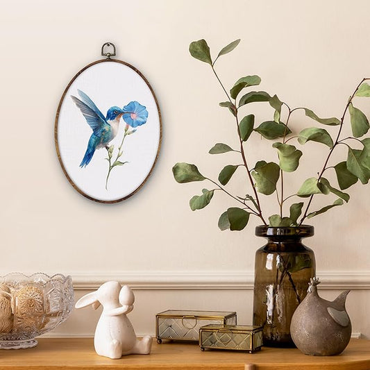 DILSJ Blue Hummingbird Floral Oval Wall Art Decor, Bird Hummingbird Canvas Wall Art Framed, Rustic Farmhouse Bird Flower Hanging Decorations for Home Living Room Bedroom, 11x8.5 Inch