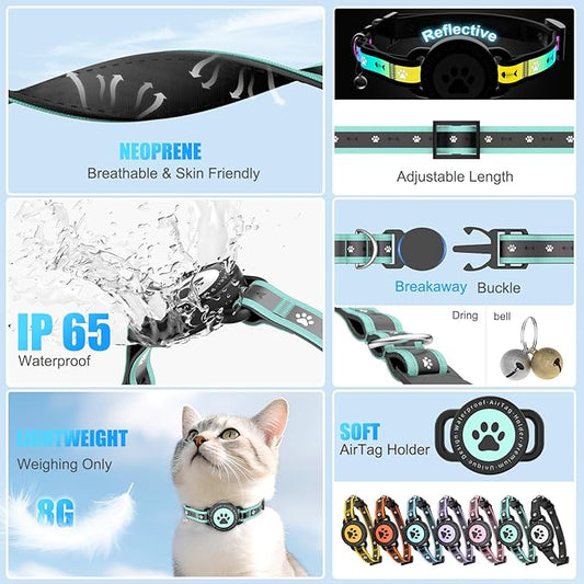 Airtag Cat Collar Breakaway, Reflective Cat Collar with AirTag Holder and Bell, Compatible with Apple Air Tag, Comfortable Padding, Adjustable, Durable (Turquoise, S)