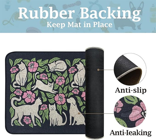 SHIYUE Dog Food Mats for Floors, Absorbent Cat Bowl for Food and Water, Non-Slip Accessories Pet Supplies(12"x20",Black Animal Flower)