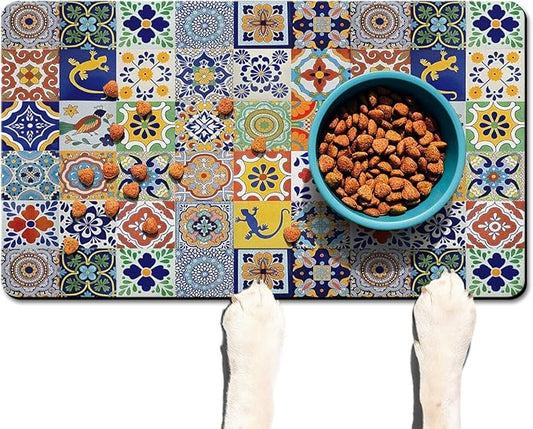 Moroccan Trellis Dog Food & Water Mat, Mexican Talavera Boho Colorful Pet Feeding Mat for Floor Non-Slip Waterproof, Super Absorbent Cat Bowl Mat, Easy to Clean Durable Pet Placemat,17" × 30"