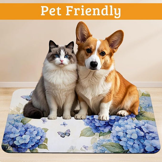 Pet Feeding Mat,Blue Hydrangea Absorbent Dog Cat Food Mat Butterfly Floral Dog Mat with Rubber Backing,Non-Slip Water Bowl Placemat,Pet Supplies 16" x 24"