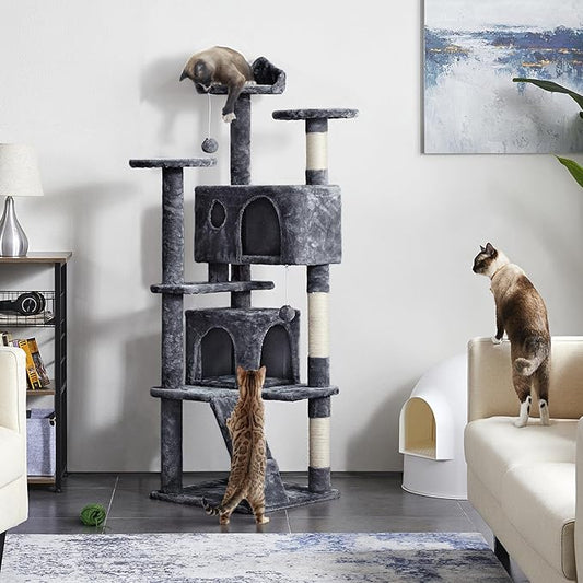 Yaheetech 62in Cat Tree Cat Tower for Indoor Kitty, Pet Furniture w/Double Condo, Scratching Posts, Multiple Platforms and Balls for Kittens, Dark Gray