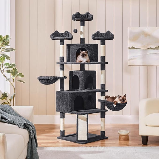 Yaheetech 76.5in Multi-Level Large Cat Tree, Big Cat Tower with 3 Condos, Cozy Plush Perches, 9 Sisal Scratching Posts and Ladder, Activity Center for Large Kitties, Black