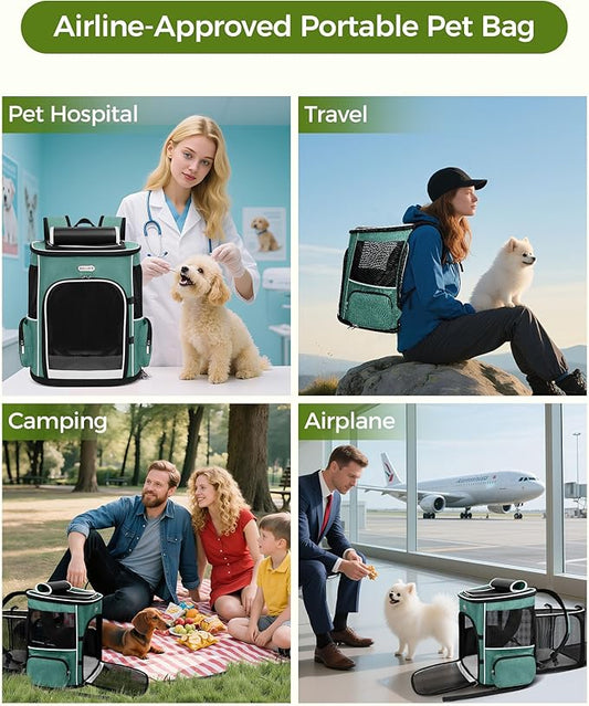 BAGLHER Expandable Cat Carrier Backpacks, Retractable Pet Carrier Backpack for Small Dogs & Cats with Breathable Mesh, Travel Bag Up to 18 Lbs for Hiking Camping Outdoor - Green