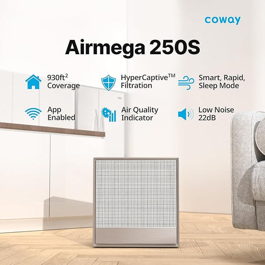 COWAY Air Purifiers for Home Large Room Up to 1,860 ft², Washable Pre-Filter and HEPA Filter for Smoke, Allergies, Pet Dander, Odor, AQI, App Control, Smart, 3yr Warranty, Airmega 250S Wifi