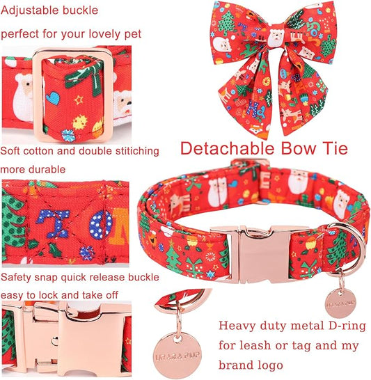 Christmas Dog Collar with Bow Tie, Christmas Collar for Puppy Girl Boy Dog or Cat, Bowtie Dogs Collars with Durable Metal Buckle, Cute Pet Collars, XS
