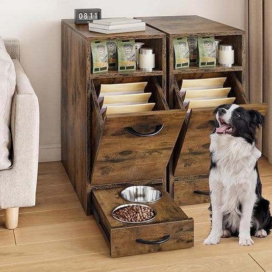 DWVO 30.6" Dog Feeding Station with Storage, Tilt-Out Dog Food Cabinet with 4 Feeder Bowls, Pull Out Elevated Dogs Bowl, Rustic Brown