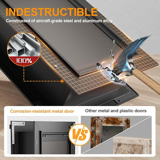 Doggy Door, All Aluminum Dog Door for Wall, Medium Doggie Pet Door, with Closing Panel, 2 Magnetic Flaps Energy Efficient, Wide Telescoping Tunnel for Interior & Exterior Walls, Pet Up to 45Lbs Black