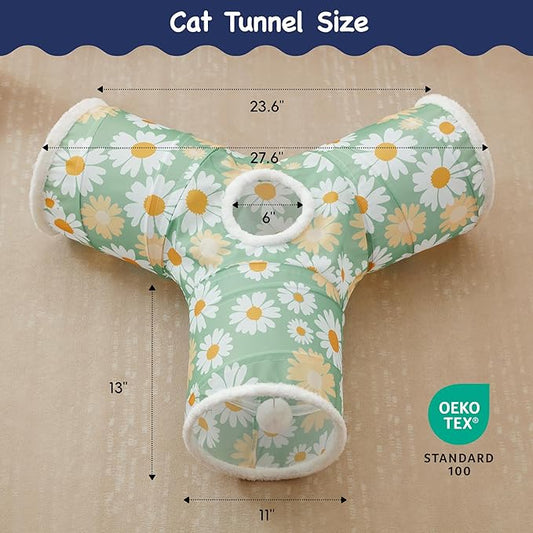 Tempcore Pet Cat Tunnel Tube Cat Toys 3 Way Collapsible, Cat Tunnels for Indoor Cats,Kitty Tunnel Bored Pet Toys Peek Hole Toy Ball Puppy, Kitty, Kitten, Rabbit Daisy Green Printed