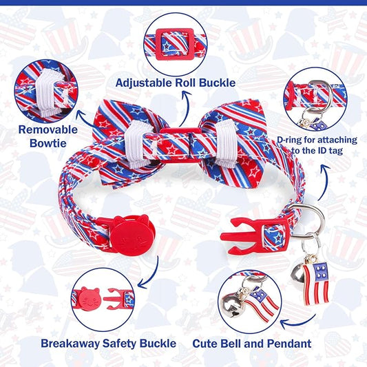 American Flag Cat Collar with Bell Bow Tie Star Breakaway for 4th of July Independence Day, Adjustable Safety Kitten Collars with Removable Bowtie & Charm for Boys Girls Male Female Cats