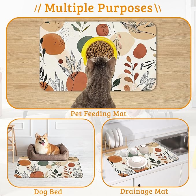 Boho Dog Cat Food Mat,Abstract Leaves Absorbent Waterproof Placemat for Food and Water Non Slip Rubber Backing Durable Feeding Pad for Clean Floors 16" x 24"
