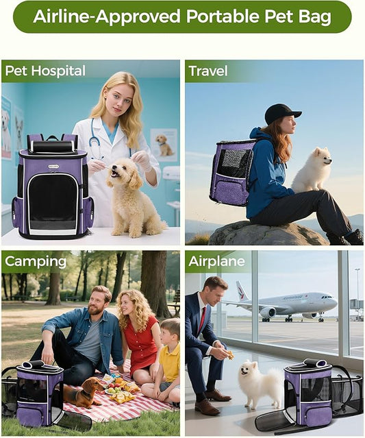 BAGLHER Expandable Cat Carrier Backpacks, Retractable Pet Carrier Backpack for Small Dogs & Cats with Breathable Mesh, Travel Bag Up to 18 Lbs for Hiking Camping Outdoor - Purple