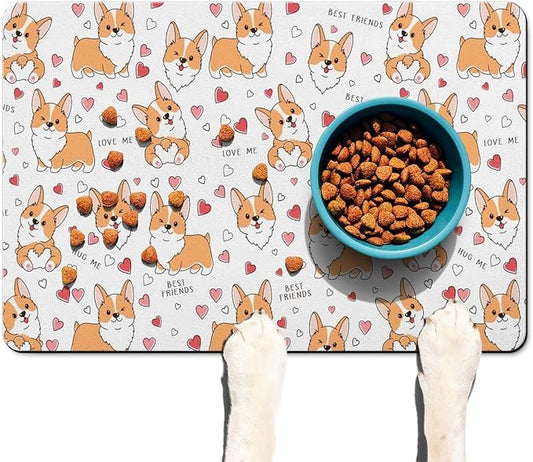 Corgi Dog Food & Water Mat, Pet Feeding Mat for Floor Non-Slip Waterproof, Super Absorbent Cat Bowl Mat, Easy to Clean Eco-Friendly Durable Pet Placemat,16" × 24"