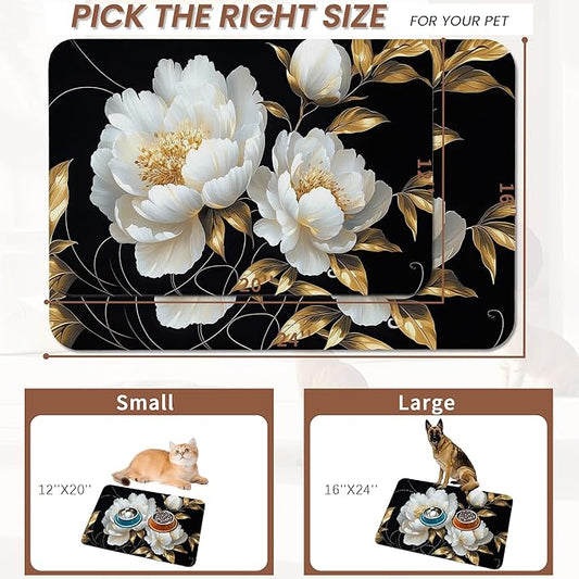 White Flowers Pet Feeding Mat,Glitter BloomingAbsorbent Quick-Dry Cat Dog Food and Water Bowl Mats,Non-Slip Rubber Backing Mat,Cat Dog Accessories Supplies 12"x20"