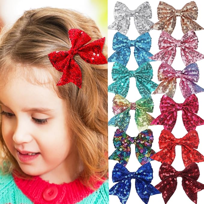 3-inch Sequined Bow Hair Clips For Baby Girls, Toddler, Kids and Young Women Birthday Party Wedding Christmas Occasions Pet Accessories Set of 2 (Champagne)