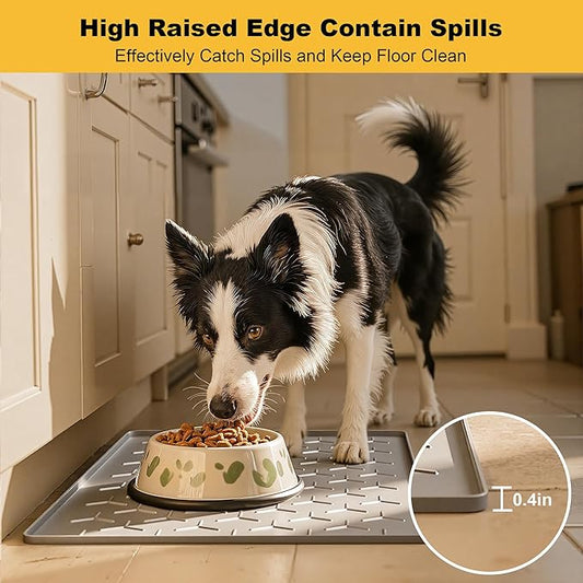 Pieviev 34''x22'' Dog Cat Food Bowl Mat, Silicone Waterproof Food Grade Pet Food Mat for Floor, High Raised Edge to Prevent Spills, Non-Slip & Easy Clean Pet Placemat for Dog & Cat Bowls, Light Gray