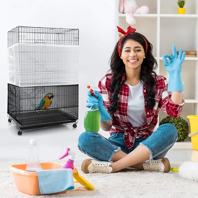 Shappy 2 Pieces Adjustable Bird Cage Seed Catcher Birdcage Cover Nylon Mesh Netting Soft Skirt Guard for Parrot Parakeet Macaw Round Square Cage(78 x 14.6 Inch in Circumference and Width,White, Black)