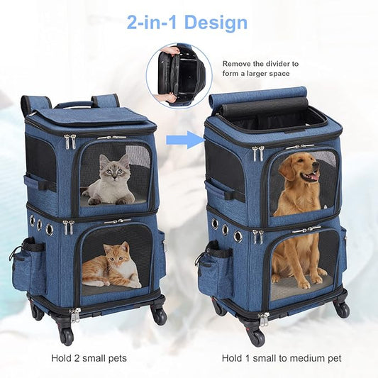 Double-Compartment Pet Carrier Backpack with Wheels for Small Cats and Dogs, Cat Rolling Carrier for 2 Cats, Perfect for Traveling/Taking a Walk/Trips to The Vet, Blue