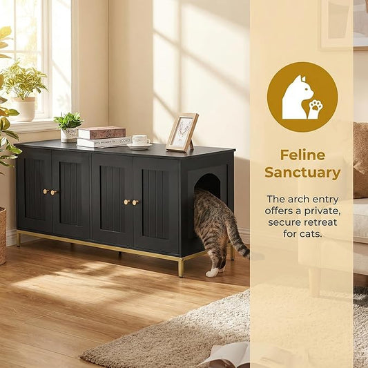 Homhedy Cat Litter Box Enclosure for 2 Cats, Cat Washroom Furniture with Double Room, Pet House with Metal Frame, 47.2”L x 17.7”W x 21.7”H, Black and Gold