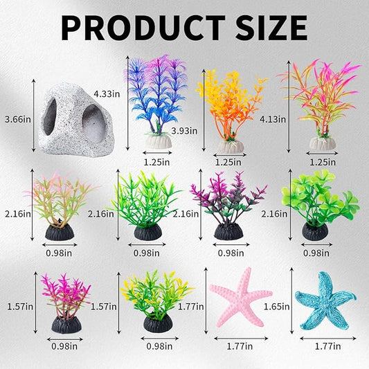 COMSUN 12 PCS Aquarium Decoration Cave Set, Ceramic Fish Tank Hideaway Rock Accessories, Colorful Plastic Aquarium Plants & Resin Starfish, Small Fish Tank Ornaments for Pet Fish to Hideout and Rest