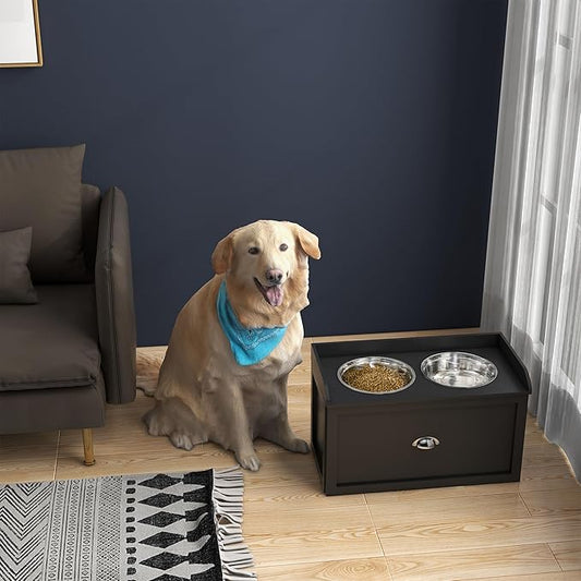 PawHut Dog Feeding Station with Storage Drawer - Removable Elevated Dog Bowls for Large Dogs, Black