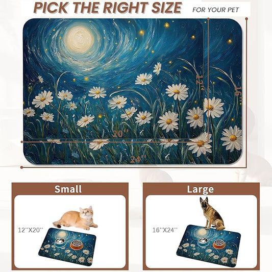 Starry Night Pet Feeding Mat,Moon Daisy Flower Absorbent Quick-Dry Cat Dog Food and Water Bowl Mats,Non-Slip Rubber Backing Mat,Cat Dog Accessories Supplies 16"x24"