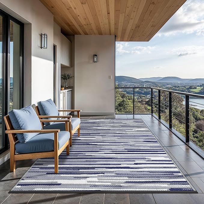 GENIMO Outdoor Rug for Patio Clearance, 6'x9' Waterproof Camping Mat, Reversible Plastic Straw Rugs for RV, Camper, Balcony, Backyard, Picnic, Deck (Blue White)