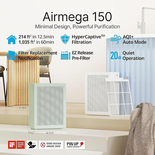 COWAY Air Purifiers for Home Bedroom up to 1,035ft² with HEPA Filter, Carbon Filter, Washable Filter for Smoke, Pollen, Dander, with Air Quality Monitor, Auto Mode, 3yr Warranty, Airmega 150 Green