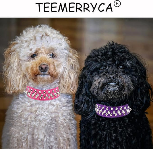 TEEMERRYCA Adjustable PU Leather Spiked Studded Dog Collars with a Squeak Ball Gift for Small Medium Large Pets Like Cats/Pit Bull/Bulldog/Pugs/Husky, Hot Pink, XL 17.7"-20.5"