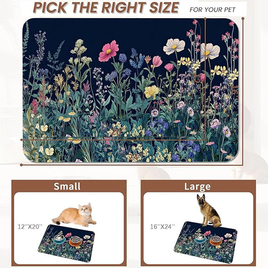 Wildflower Spring Floral Dog Cat Food Mat,Garden Flowers Absorbent Pet Feeding Mat for Food and Water,Non-Slip Dog Bowl Mats Floor Protector 16"x24"