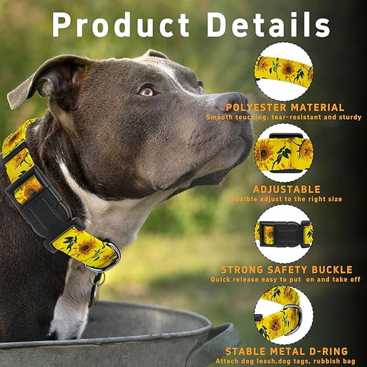 Dog Collar, Floral Puppy Collar for Small Medium Large Dogs, Adjustable Soft Sunflower Pet Collar With Safety Buckle for Males Females (Yellow, L)
