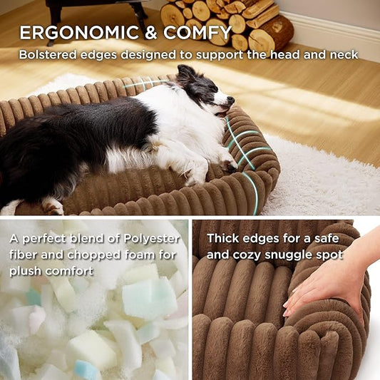 Bedsure ComfyFleece™ Cute Dog Bed for Small Dogs & Cats - Washable Furry Puppy Beds, Rectangle Orthopedic Corduroy Fleece Pet Beds with Removable Zipper Cover, 20x19x6inches, Camel Brown