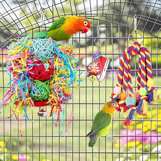 Bird Toys for Parakeet,ESRISE Parrot Conure Chewing Shredding Foraging Toys with Rope Perch, Bird Cage Accessories for Cockatiel Budgies Lovebird