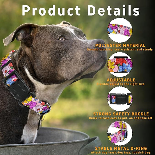 Dog Collar, Pink Floral Boys Girls Puppy Collar for Small Medium Large Dogs, Adjustable Soft Floral Pet Collar with Safety Buckle for Male Females(Pink Floral, L)