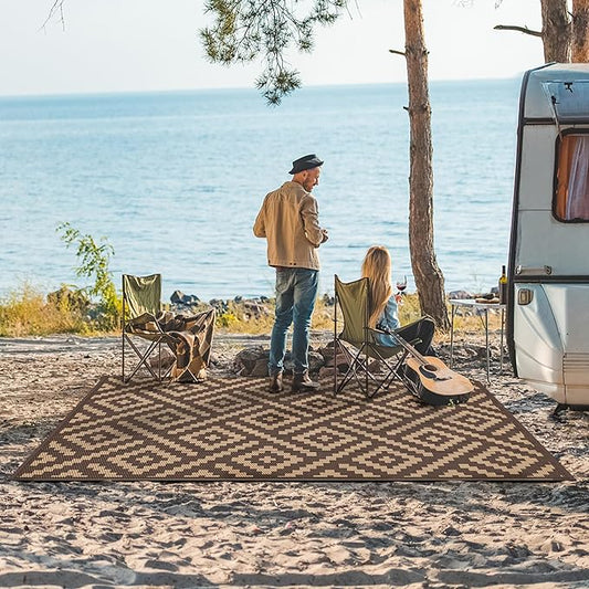 GENIMO Outdoor Rug for Patio Clearance, 6'x9' Reversible Plastic Straw Rugs, Lightweight Waterproof RV Camping Mat for Camper, Balcony, Deck, Backyard, Picnic, Coffee & Brown