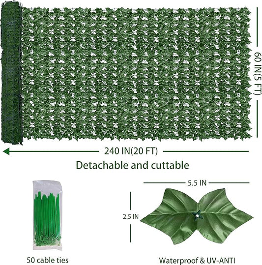 Artificial Fence Privacy Screen: 5FT x 20FT UV-Anti Faux Greenery Backdrop Ivy Chain Link Shades Panels for Patio, Balcony, Garden,Deck,Backyard Indoor Outdoor Green Wall Decor