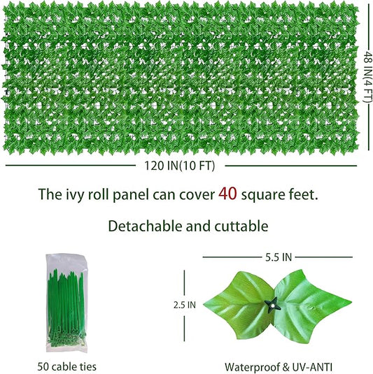 Artificial Ivy Privacy Fence Wall Screen: 48X120 in UV-Anti Faux Greenery Backdrop Ivy Vine Leaf Hedges Fence Panels for Patio, Balcony, Garden, Backyard Indoor Outdoor Light Green Decor