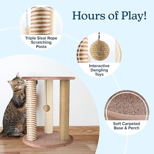 Cat Scratching Post - 3 Scratcher Posts with Carpeted Base Play Area and Perch - Furniture Scratching Deterrent for Indoor Cats by PETMAKER (Brown), Large