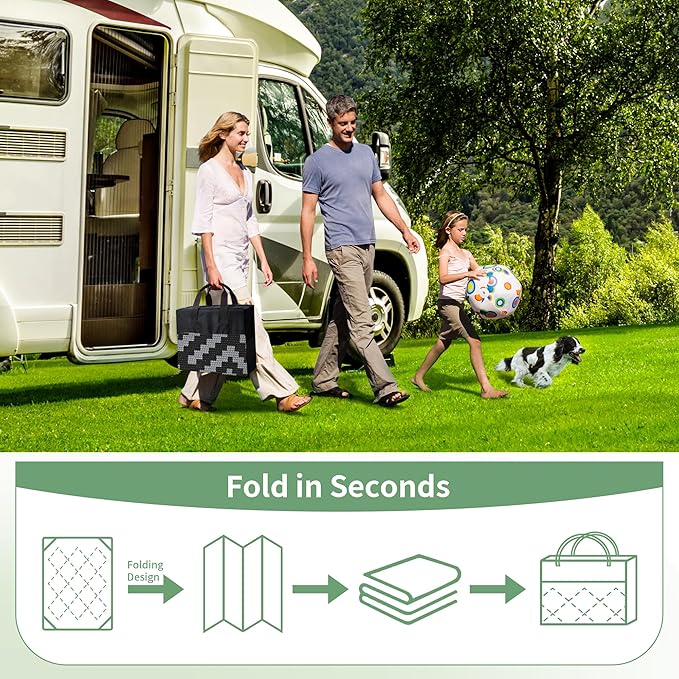 GENIMO 8' Round Outdoor Rug for Patios Clearance, Reversible Plastic Straw Rugs, RV Camping Mat for Camper, Balcony, Backyard, Picnic, Deck, Black & Gray