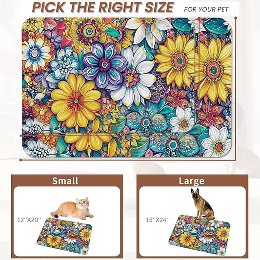 Floral Dog Food Mat for Floors,Cute Mandala Flower Absorbent Quick-Dry Pet Feeding Mat,Cat Dog Bowl Mats for Food and Water,Non-Slip Pet Accessories Supplies 16"x24"