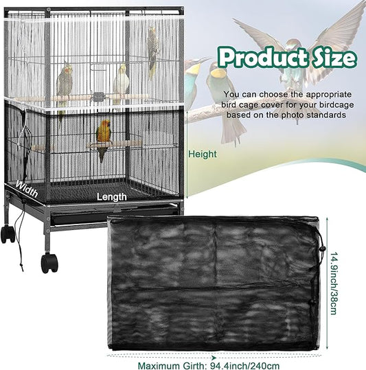 2 Pack Bird Cage Seed Catcher Guard, Bird Cage Cover,Heavy Duty Adjustable Nylon Mesh Netting Seed Catche for Parrot Parakeet Macaw African(L-94.4’’*14.9’’)
