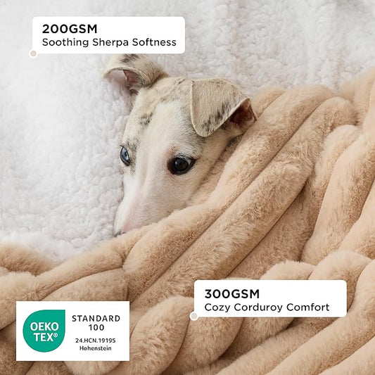 Bedsure ComfyFleece™ Waterproof Dog Blankets for Medium Dogs - Soft Puppy Cat Blanket Corduroy Fleece Washable, Cozy Calming Reversible Furniture Protection for Pet Kitten Doggy,30"x40", Tuscan Beige