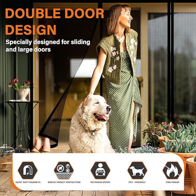 Double Door Fiberglass Magnetic Screen Door,Screen Door Mesh,Keep Bugs Out, Heavy-Duty Mesh Curtain,Pet and Kid Friendly, Works with Front Doors, Sliding Doors(72x80 Inch