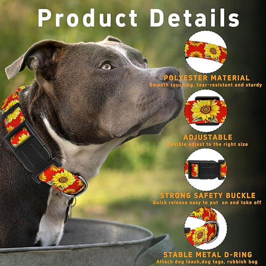 Dog Collar, Floral Boys Girls Puppy Collar for Small Medium Large Dogs, Adjustable Soft Pet Collar with Safety Buckle for Male Females (Red Sunflower, S)