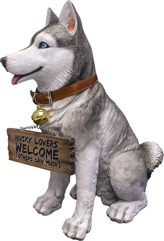 DWK Front Porch Dog Outdoor Welcome Sign Decorative Statue | Cute Dog Welcome Sign for Front Porch Standing | Decorative Garden Statues - Husky