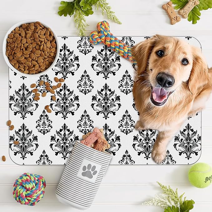 Vintage Damask Flower Dog Cat Food Mat,White Black Floral Absorbent Pet Feeding Mat for Food and Water,Non-Slip Dog Bowl Mats Floor Protector 16"x24"