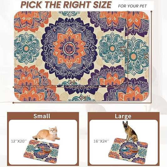 Mandala Flower Dog Cat Food Mat,Vintage Boho Floral Absorbent Pet Feeding Mat with Rubber Backing,Non-Slip Water Bowl Placemat,Indoor Pet Accessories Supplies 16"x24"